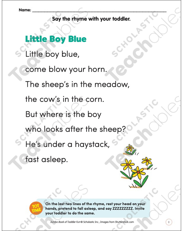 Little Boy Blue Rhyme and Activity | Printable Skills Sheets, Texts
