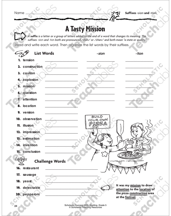 A Tasty Mission (Suffixes -sion and -tion) | Printable Skills Sheets