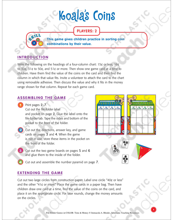File-Folder Game: Koala's Coins (Money) | Printable File ...