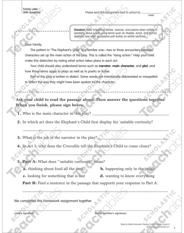 The Elephant's Child: Reading Homework | Printable Skills ...