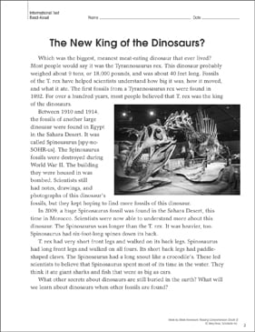 The New King Of The Dinosaurs Reading Homework Printable Texts