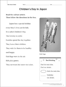 children s day in japan main idea details close reading printable texts skills sheets