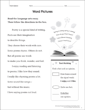 Word Pictures (Fact & Opinion): Close Reading | Printable ...