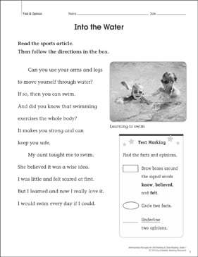 Into the Water (Fact & Opinion): Close Reading | Printable ...