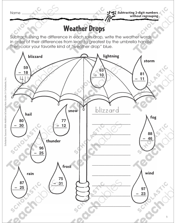 Weather math worksheets 2 digit subtraction with regrouping