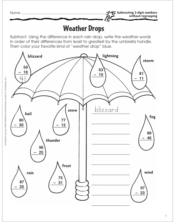 Weather Drops (Subtracting 2-Digit Numbers) | Printable Skills Sheets