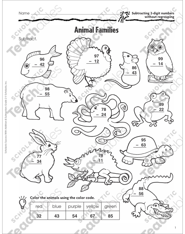 Animal Families (Subtracting 2-Digit Numbers) | Printable ...