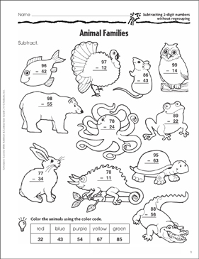 Animal Families (Subtracting 2-Digit Numbers) | Printable ...