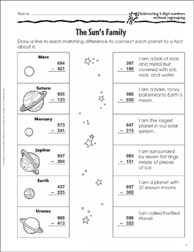 The Sun and Planets (Subtracting 3-Digit Numbers) | Printable ...