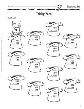 Tricky Zero (Subtracting 3-Digit Numbers) | Printable Skills ...