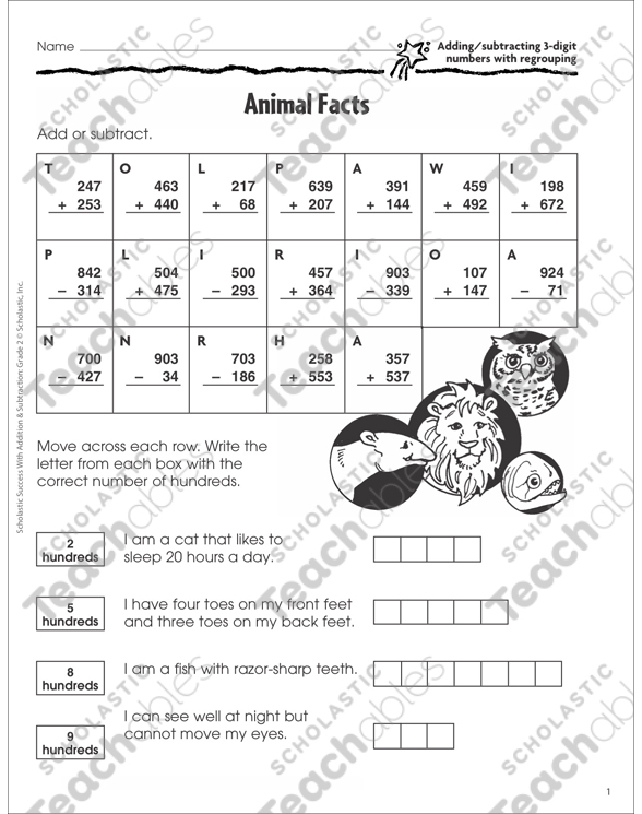 Animal Facts (Add/Subtract 3-Digit Numbers) | Printable ...