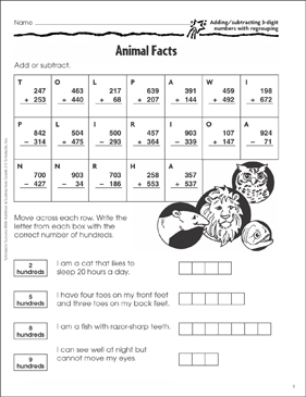 Animal Facts (Add/Subtract 3-Digit Numbers) | Printable ...
