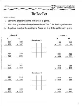 Tic-Tac-Toe (Add/Subtract 3-Digit Numbers) | Printable Skills ...