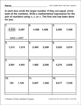 greater than less than equal to four digit numbers printable skills sheets