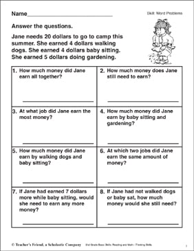 word problems jane s summer camp fund printable skills sheets