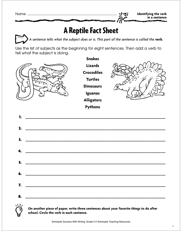 Reptile Fact Sheet (Identifying Verbs in Sentences) | Printable Skills ...