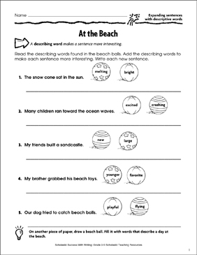 at the beach expanding sentences with descriptive words