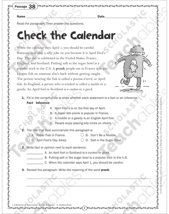 check the calendar close reading passage printable skills sheets texts