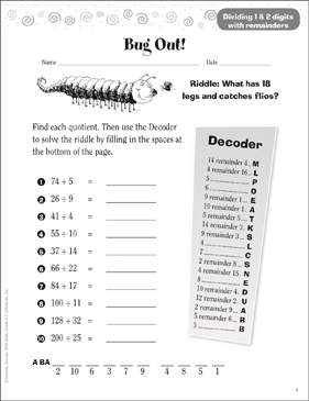 Bug Out (Dividing 1 & 2 Digits With Remainders) | Printable ...