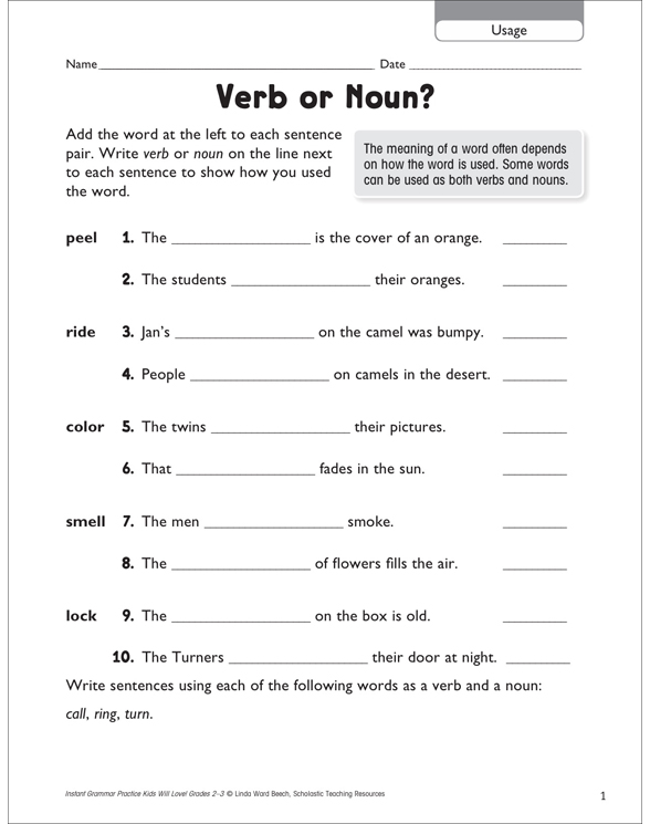 Verb Or Noun Usage Printable Skills Sheets