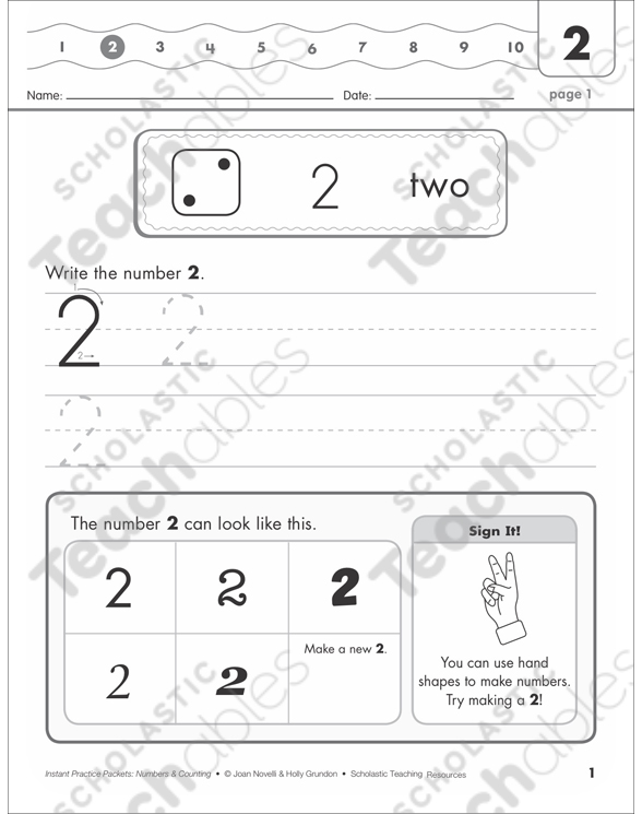 the number two 2 numbers counting practice packet