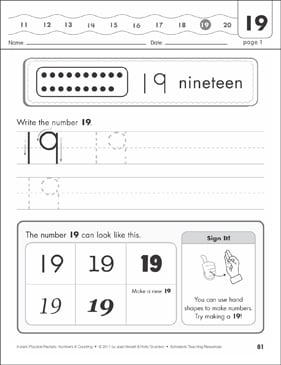 the number nineteen 19 numbers counting practice packet printable skills sheets