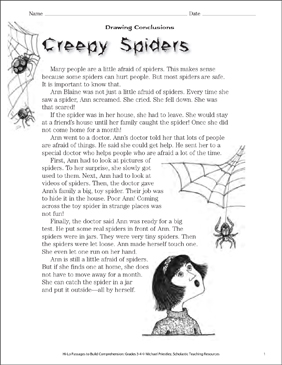 Creepy Spiders Drawing Conclusions Hi Lo Passage Printable Skills Sheets Texts