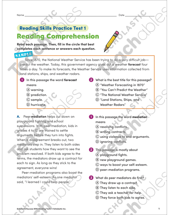 Reading Skills Practice Test 1 (Grade 6) | Printable Skills ...