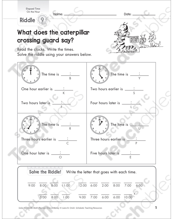 elapsed time hour half hour quarter hour telling time math riddles printable skills sheets number puzzles
