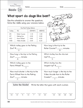 reading a schedule telling time math riddles printable number puzzles skills sheets