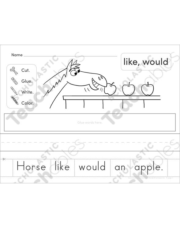 sight words scrambled sentence like would printable cut and pastes skills sheets