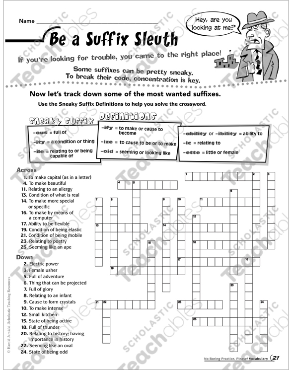 Be a Suffix Sleuth | Printable Skills Sheets, Crossword Puzzles