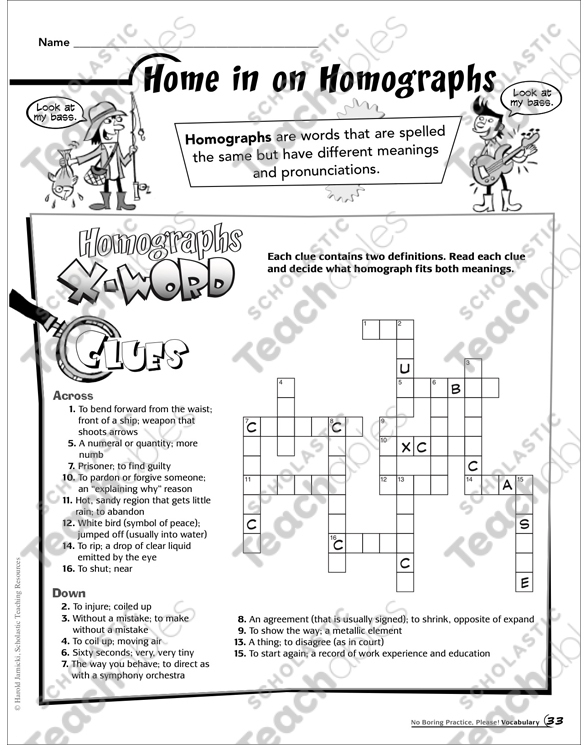 Home In On Homographs Printable Skills Sheets Crossword Puzzles