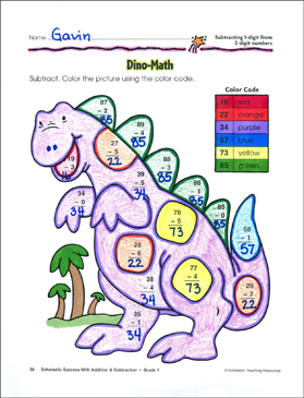 Dino-Math (Subtract 1-Digit from 2-Digit Numbers) | Printable ...