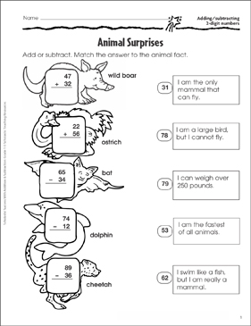 Animal Surprises (Adding/Subtracting 2-Digits) | Printable ...
