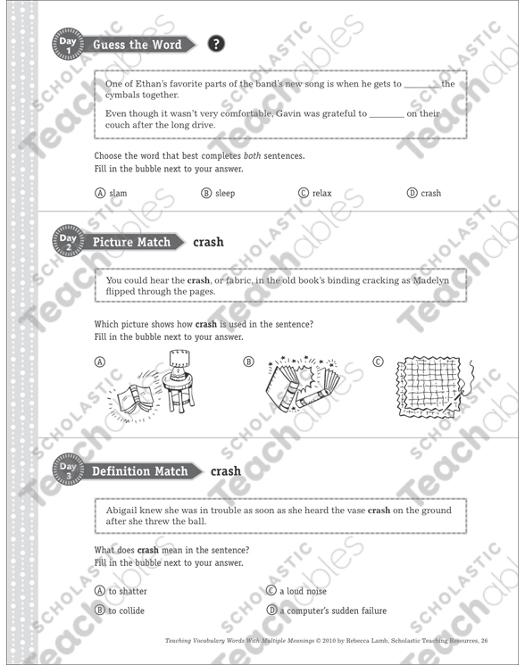 Crash Multiple Meaning Word Printable Lesson Plans, Ideas and Skills