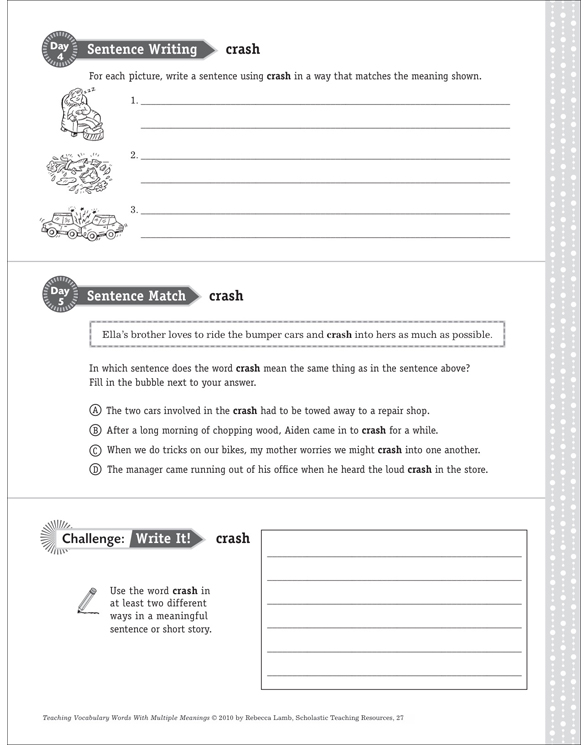 Crash Multiple Meaning Word Printable Lesson Plans, Ideas and Skills