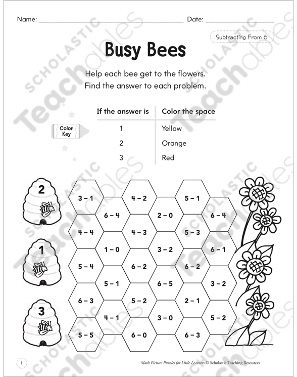 Busy Bees (Subtracting From 6): Math Puzzle | Printable ...