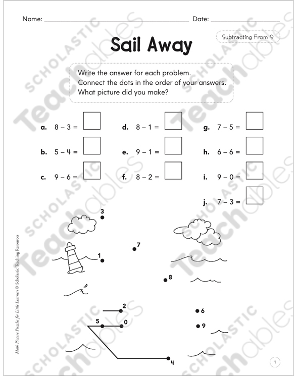 Sail Away (Subtracting From 9): Math Puzzle | Printable Connect