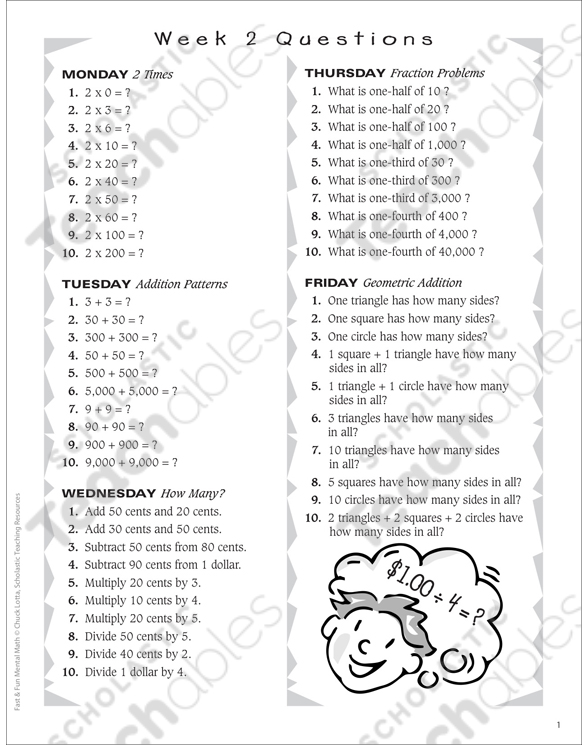 fast fun mental math week 2 questions printable lesson plans and ideas skills sheets