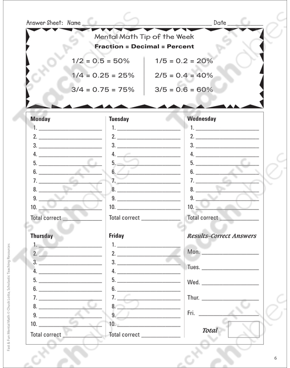 Fast & Fun Mental Math: Week 5 Questions | Printable Lesson Plans ...