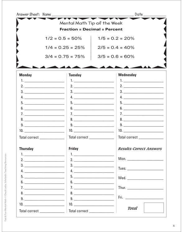 Fast & Fun Mental Math: Week 5 Questions | Printable Lesson Plans ...