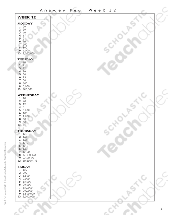 Fast Fun Mental Math Week 12 Questions Printable Lesson Plans And Ideas Skills Sheets