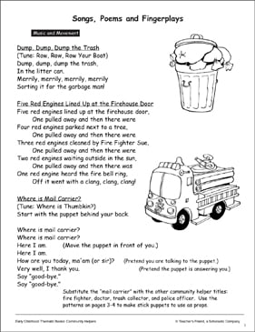Community Helpers Songs Poems And Puppets Printable Texts Lesson Plans And Ideas