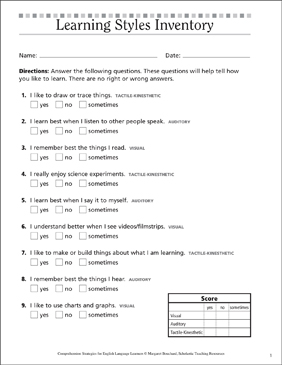 Learning Styles Inventory for ELLs | Printable Checklists