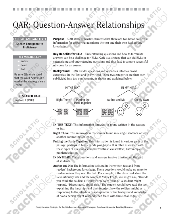 qar question answer relationships for ells printable lesson plans and ideas forms and record sheets