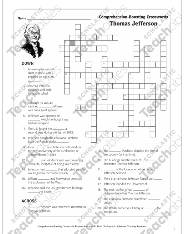 Thomas Jefferson: Text & Crossword Puzzle | Printable ...
