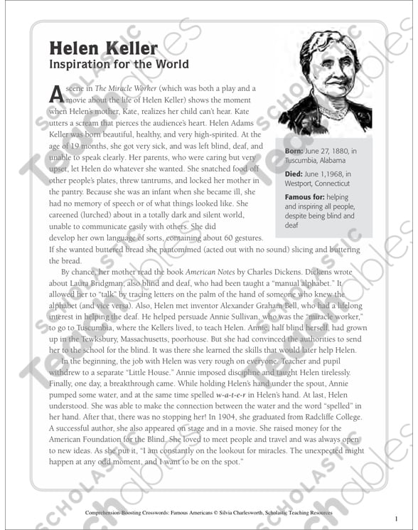Helen Keller: Text & Crossword Puzzle | Printable Crossword ...