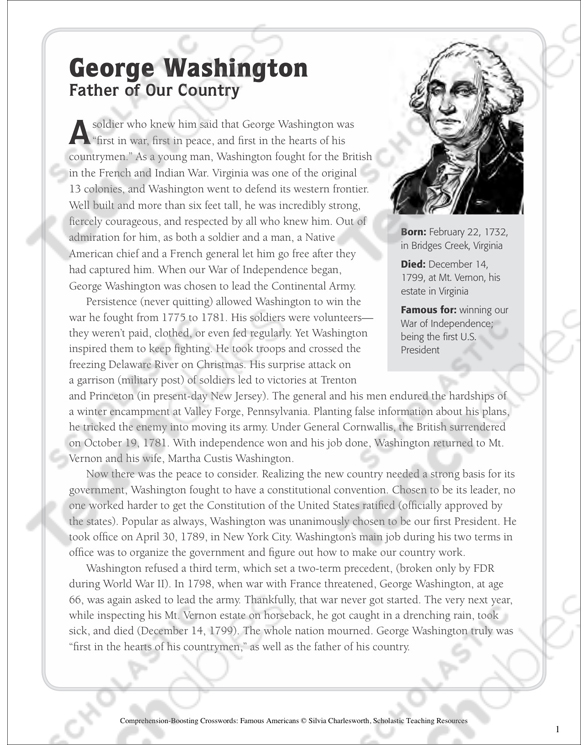 George Washington: Text & Crossword Puzzle | Printable ...