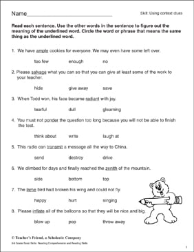 using context clues printable skills sheets